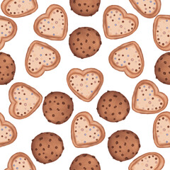 Watercolor chocolate chip and white chocolate heart shaped cookie seamless pattern. Watercolor cookie illustration.