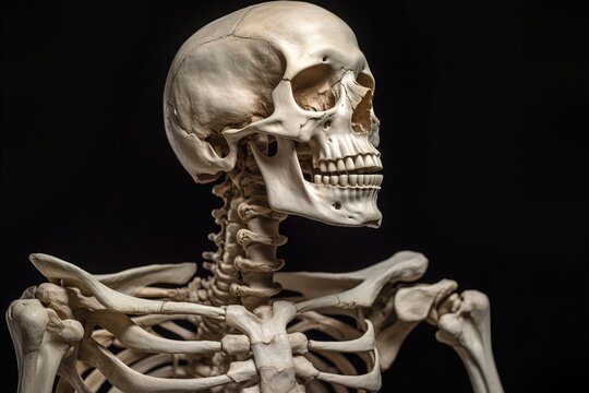 Human skeleton model. Anatomical skeleton model. Skeletal system isolated on black background. Generative ai image.