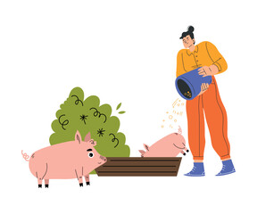 Happy Woman Farmer Character Feeding Pig with Grain Vector Illustration