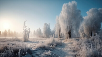 a fantastic winter landscape with lots of snow and snow-covered white trees. Generative AI