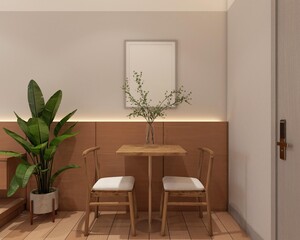 Modern japan style tiny room decorated with dining table and wood wall hiding lights and gray wall.3d rendering