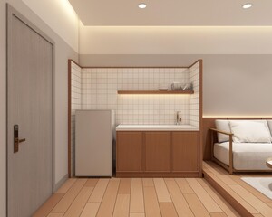 Modern japan style tiny room decorated with kitchen cabinet and wood wall hiding lights and gray wall. 3d rendering