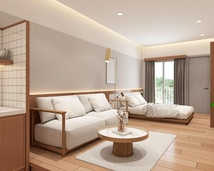 Modern japan style tiny room decorated with minimalist sofa and white bed, wood wall hiding lights and gray wall.3d rendering