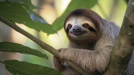 Fototapeta premium a cute sloth sits on a tree and looks at the camera with a smile. Generative AI