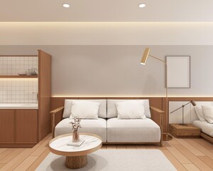 Fototapeta na wymiar Modern japan style tiny room decorated with minimalist sofa and coffee table, wood wall hiding lights and gray wall.3d rendering