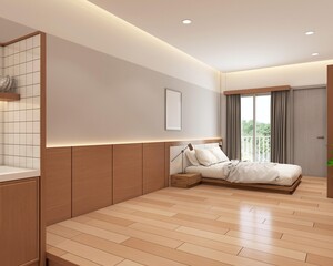Modern japan style empty room decorated with wood wall hiding lights and gray wall, white bed and wood floor.3d rendering