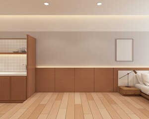 Modern japan style empty room decorated with wood wall hiding lights and gray wall, white bed and kitchen cabinet.3d rendering