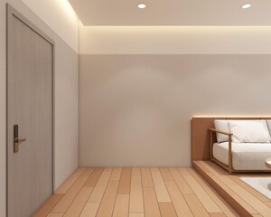 Modern japan style empty room decorated with gray wall and wood floor, minimalist sofa and wood wall hiding lights.3d rendering