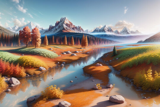 Beautiful nature, river with mountain, painting, Generative AI illustrations