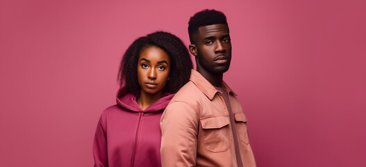 Portrait of an afro young couple posing in studio against pink color background. Image generative AI.