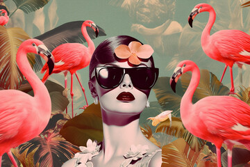 surreal pop style collage of a brunette model girl with big fashion sunglasses surrounded by green floral mostera type of leaves and pink flamingoes - obrazy, fototapety, plakaty