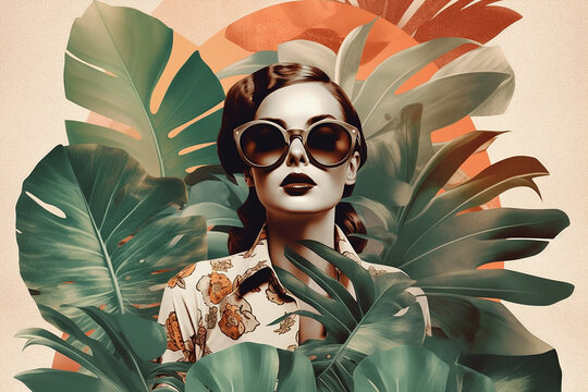 surreal pop style collage of a brunette model girl with big fashion sunglasses surrounded by green floral mostera type of leaves