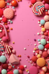 Sweets on a pink background. Vertical background with copy space. AI generative.