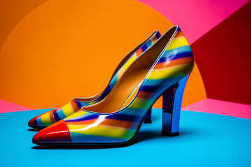stiletto high heels shoes with pop brilliant shiny style, pop mood colors background,  fashion product use