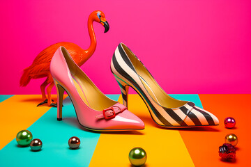 stiletto high heels different  shoes with pop brilliant shiny style, pop mood colors background,  fashion product use
