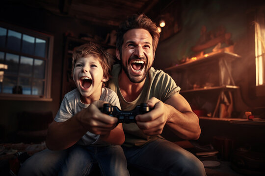 Candid moment of a father and son playing video games, sharing fun, love, and togetherness, showcasing real-life parenthood