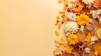 autumn composition of dry autumn leaves and flowers on a pastel background, top view, copyspace.ai generative