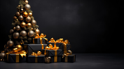 Christmas tree and gift boxes. festive christmas background. ai generative