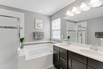 Clean Calm Bright Modern Traditional Farmhouse 
Residential Primary Bathroom with tub jacuzzi and shower minimal styling
