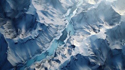 Landscape of mountains with glaciers. Aero view. Generative ai image.