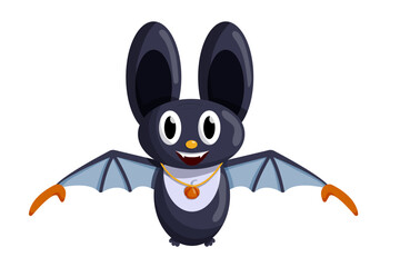 Halloween bat character in cartoon style flying in the air. Vector illustration isolated on a white background.