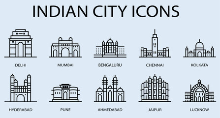 A beautiful, simple, and uniform line icon of the best cities in India.