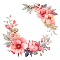 Watercolor Floral Wreath Isolated. Illustration AI Generative.