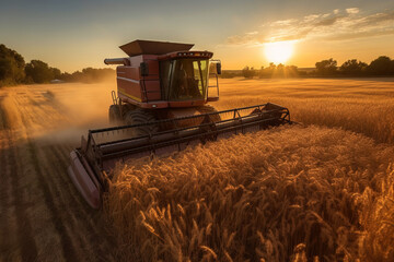 Fototapeta premium Combine harvester harvests ripe wheat. Modern agriculture. Generative ai image.