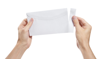 Hands opening a white envelope, cut out