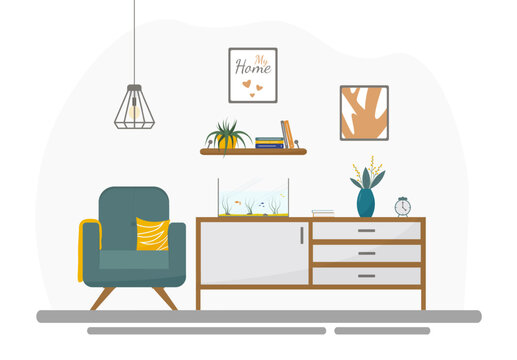 A modern living room with armchair and aquarium in flat style. Concept vector illustration.