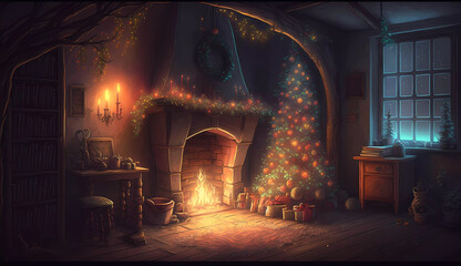 christmas interior. fireplace in lights. present. Generated AI