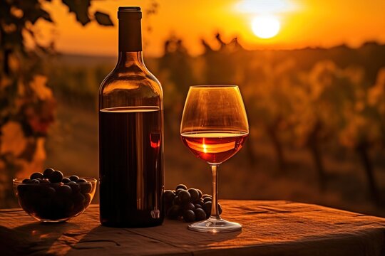 Wine bottle and wine glass on wodden table on against the backdrop of a vineyard at sunset. Generative ai image.