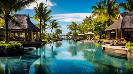 Fototapeta na wymiar tropical resort pool, beautiful swimming pool in tropical resort. Generative AI 