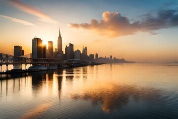 Fototapeta na wymiar sunset over the lake,city generative AI technology