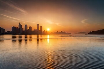 Fototapeta na wymiar sunset over the lake, city generative AI technology