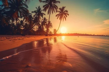 Fotobehang Sunny exotic beach by the ocean with palm trees at sunset summer vacation by the sea photography © yuniazizah