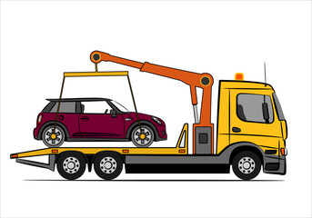 Fototapeta premium Yellow Tow truck delivers the damaged vehicle. Tow truck city road assistance service evacuator. Parking violation. Sign of a tow truck. Vector illustration EPS 10