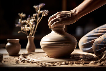 Fototapeta na wymiar Crafting Elegance Skilled Hands Shaping a Beautiful Pottery Vase. created with Generative AI