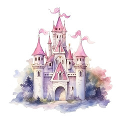 Cute watercolor princess castle. Illustration AI Generative.