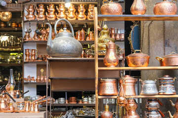 Turkish pots, tea, coffee kettles and souvenirs are made of copper. Turkish teapots in the Bakırcılar Bazaar in Gaziantep.