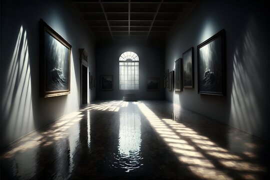 art gallery dark pools of light dramatic lighting photograph photo realistic volumetric lighting 