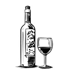 Hand drawn wine  - bottle and glass (black pencil)