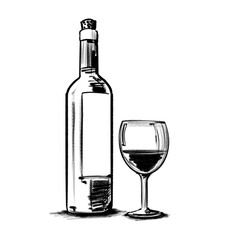 Hand drawn wine - bottle and glass (black pencil)