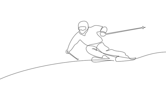 Animation of an image drawn with a continuous line. Skier coming down from the mountain. Sports and recreation in the mountains.