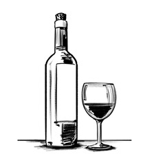 Hand drawn wine  - bottle and glass (black pencil)