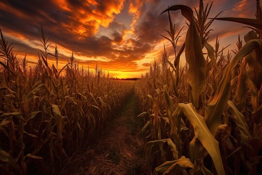 Landscape of corn field on sunset. Generative ai image.