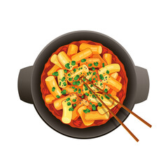 Spicy korean rice cakes Tteokbokki. Stir-fried asian regional food recipe. Vector illustration hand drawn anime style. Korean rice cake in a frying pan. Hot red chili sauce. Detailed drawing top view.
