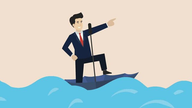 Animation Illustration of a businessman riding an umbrella boat to the point of success.