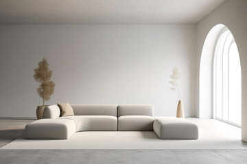 Modern white minimalist interior with arch concrete fl