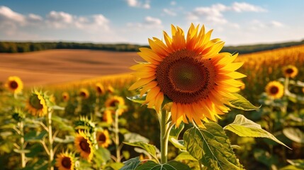 Beautiful field of blooming sunflowers, day light. Generative ai image.